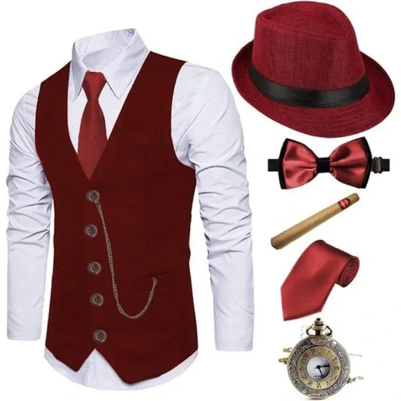1920s Mens Costume Fedora Hat,Gatsby Gangster Vest,Vintage Pocket Watch - Picture 1 of 7